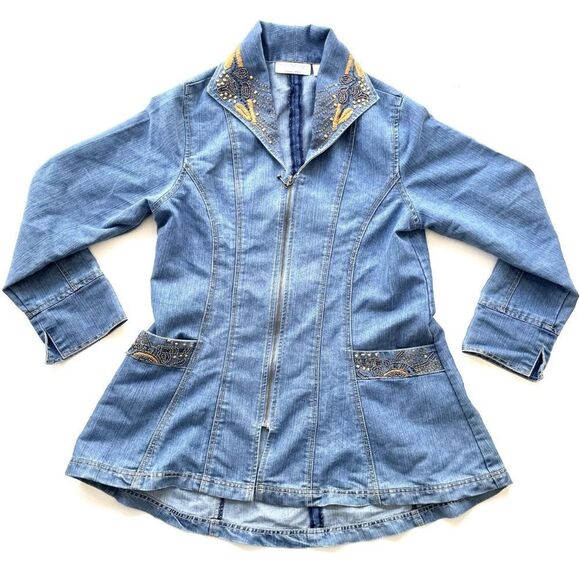 Vintage 90s Bleu Bayou Denim Jacket Medium Blue Embroidered Sequin Mid Length - Picture 1 of 16